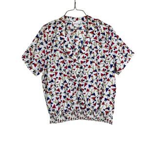 Lauren Lee Vintage red blue‎ geometric abstract nautical short sleeve blouse 18